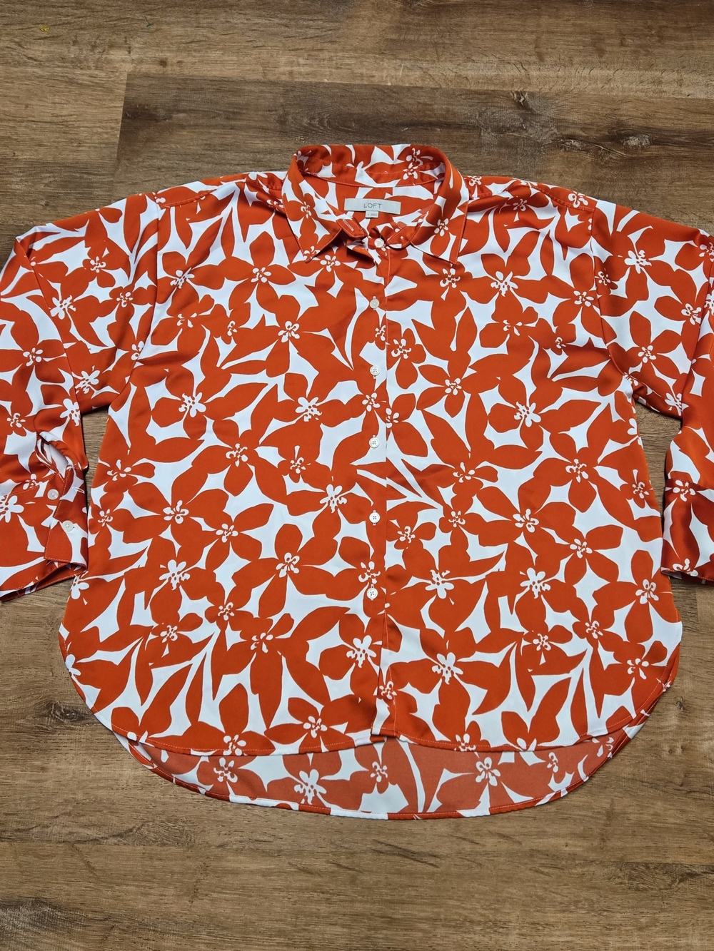 LOFT Red Orange and White Floral Button-Up Blouse Large